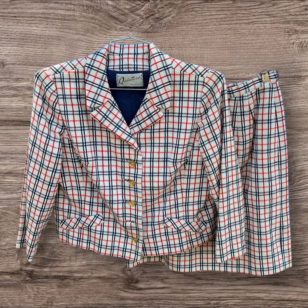 Vintage RED,WHITE, AND BLUE 60s/ 70s plaid skirt suit, two piece skirt blazer